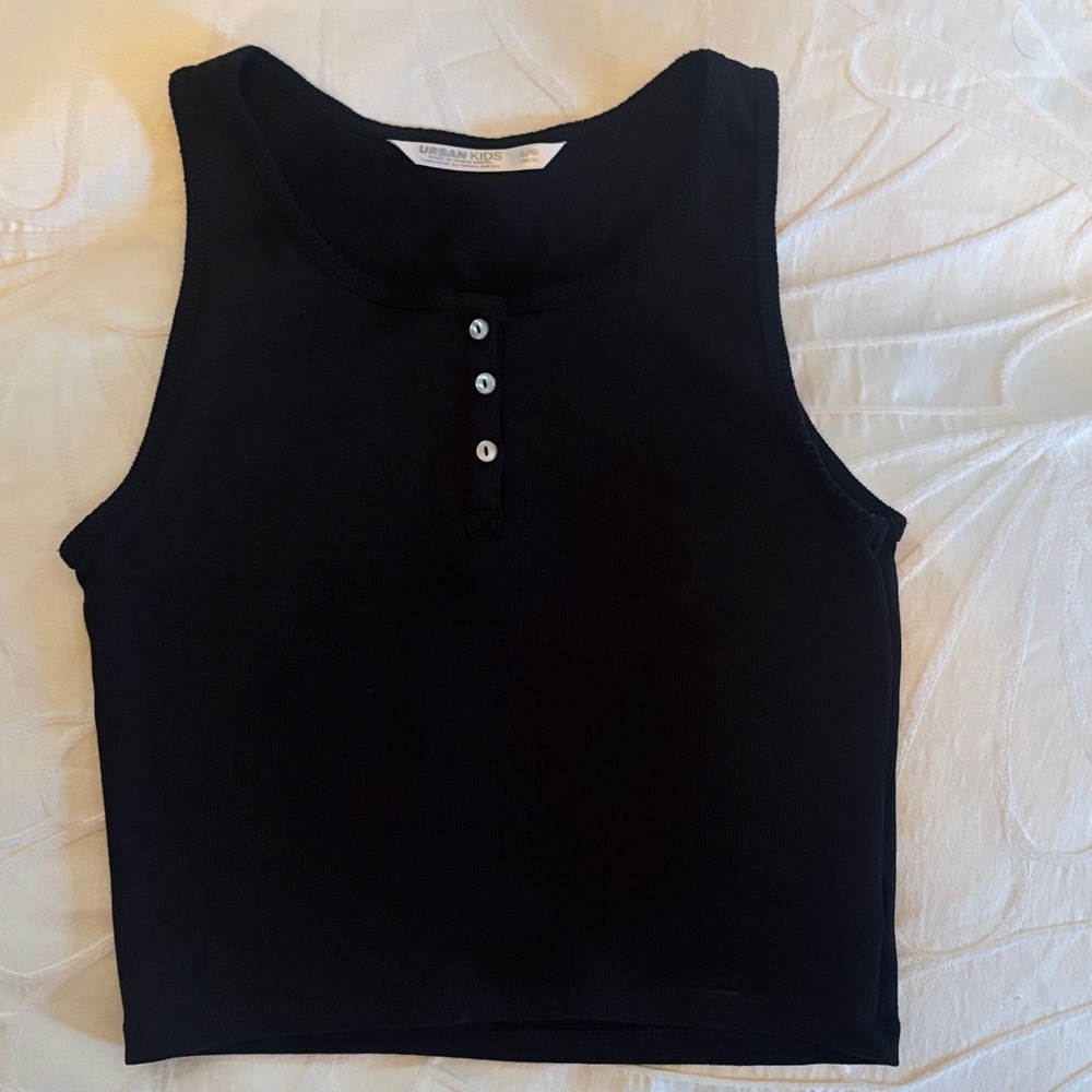 Black Ribbed Henley Tank